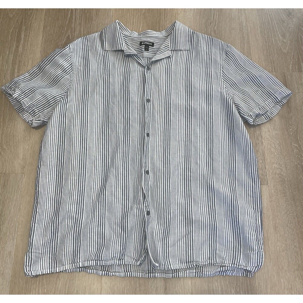 Express Men's Blue/White Striped Linen Blend Short Sleeve Button Up Shirt XL
